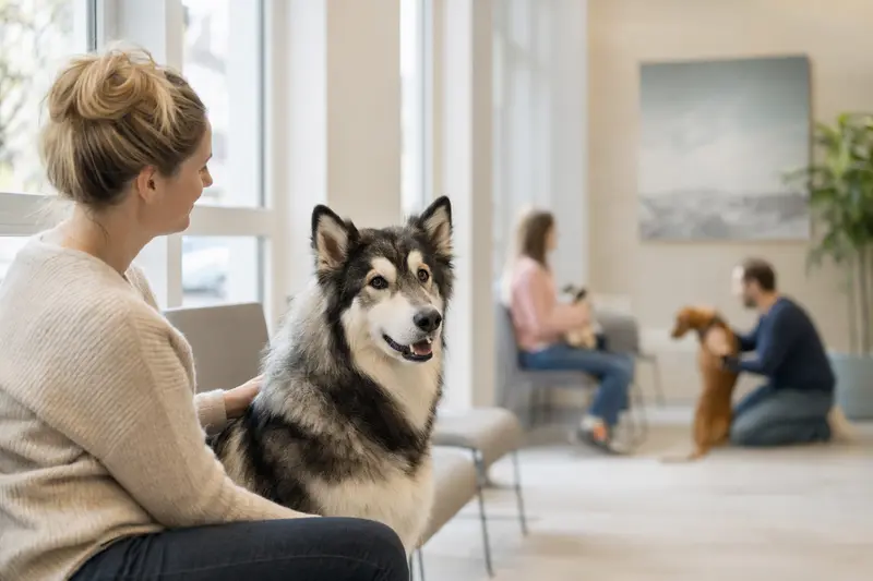 Ein Grönlandhund sitzt ruhig neben seinem Besitzer im hellen Wartezimmer einer modernen Tierarztpraxis.